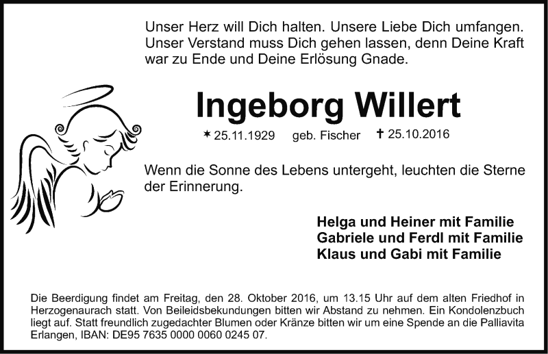  Traueranzeige für Ingeborg Willert vom 26.10.2016 aus Nordbayerische Nachrichten Herzogenaurach Lokal