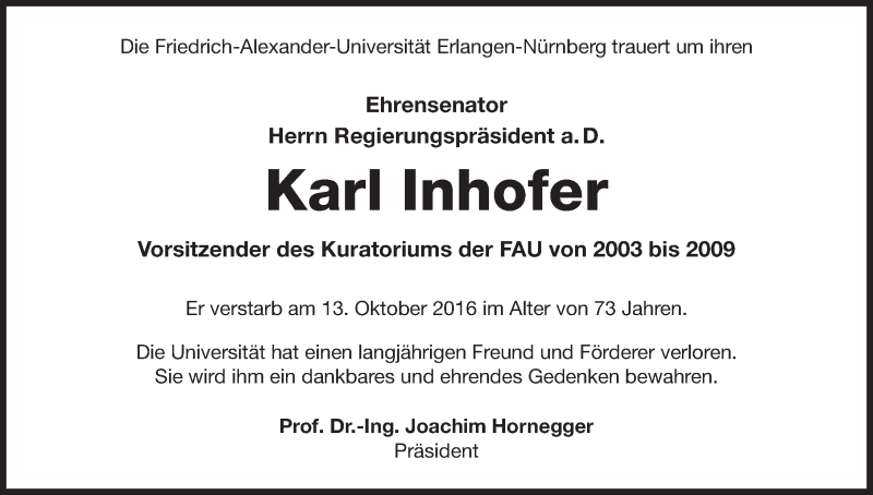  Traueranzeige für Karl Inhofer vom 19.10.2016 aus Gesamtausgabe Nürnberger Nachrichten/ Nürnberger Ztg.