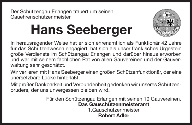  Traueranzeige für Hans Seeberger vom 29.10.2016 aus Erlanger Nachrichten Lokal
