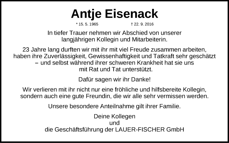  Traueranzeige für Antje Eisenack vom 07.10.2016 aus Fürther Nachrichten Lokal