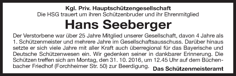  Traueranzeige für Hans Seeberger vom 29.10.2016 aus Erlanger Nachrichten Lokal