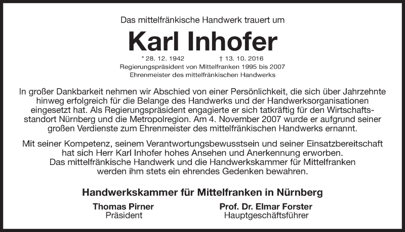  Traueranzeige für Karl Inhofer vom 15.10.2016 aus Gesamtausgabe Nürnberger Nachrichten/ Nürnberger Ztg.