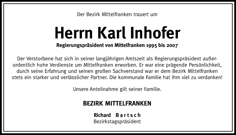  Traueranzeige für Karl Inhofer vom 18.10.2016 aus Gesamtausgabe Nürnberger Nachrichten/ Nürnberger Ztg.