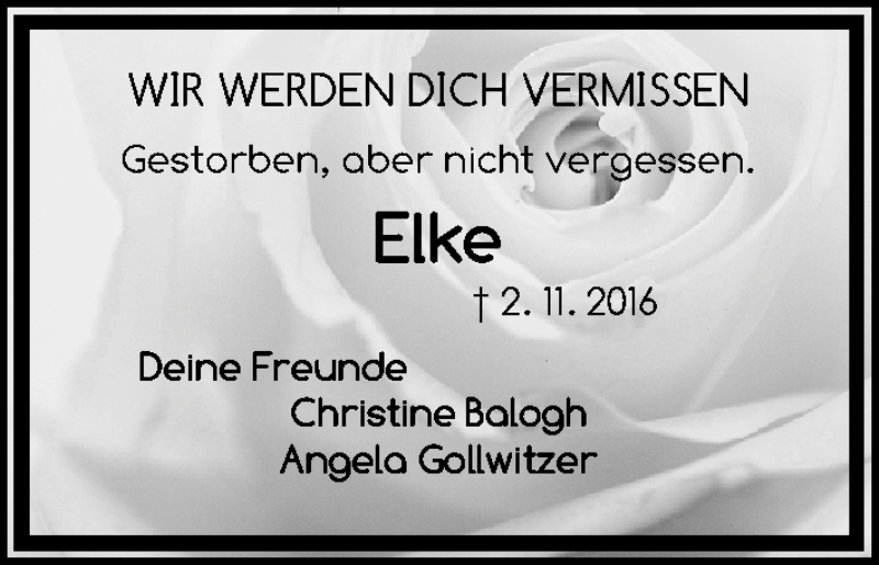  Traueranzeige für Elke Kugler vom 12.11.2016 aus Fürther Nachrichten Lokal