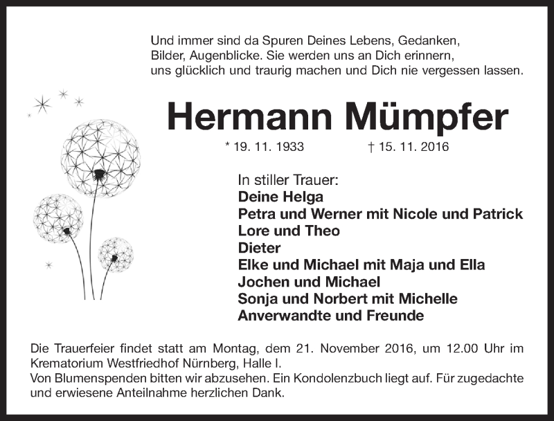  Traueranzeige für Hermann Mümpfer vom 18.11.2016 aus Gesamtausgabe Nürnberger Nachrichten/ Nürnberger Ztg.