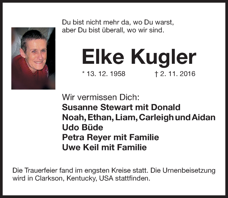  Traueranzeige für Elke Kugler vom 09.11.2016 aus Fürther Nachrichten Lokal
