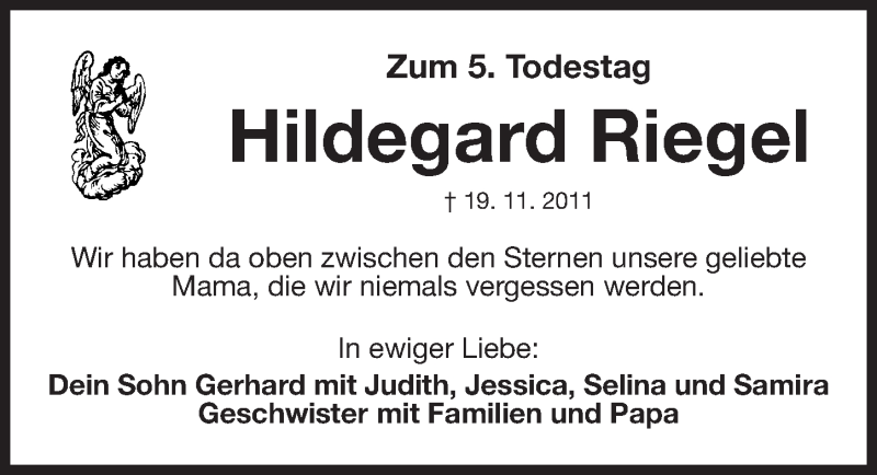  Traueranzeige für Hildegard Riegel vom 19.11.2016 aus Gesamtausgabe Nürnberger Nachrichten/ Nürnberger Ztg.