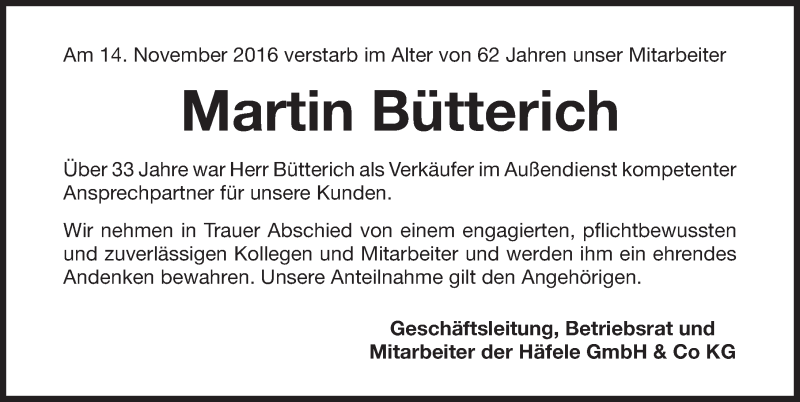  Traueranzeige für Martin Bütterich vom 17.11.2016 aus Neumarkter Nachrichten Lokal
