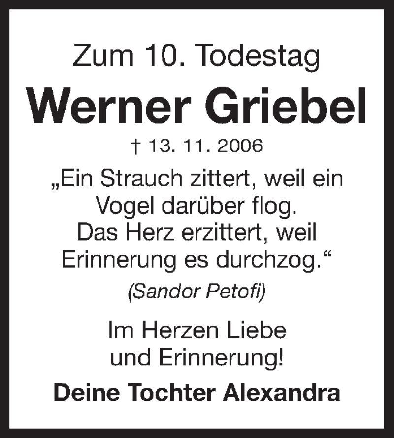  Traueranzeige für Werner Griebel vom 12.11.2016 aus Erlanger Nachrichten Lokal