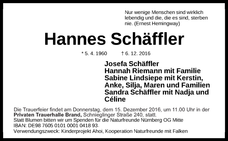  Traueranzeige für Hannes Schäffler vom 12.12.2016 aus Gesamtausgabe Nürnberger Nachrichten / Nürnberger Ztg.