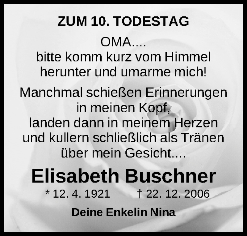  Traueranzeige für Elisabeth Buschner vom 22.12.2016 aus Nordbayer. Nachrichten Forchheim/ Erlanger Nachrichten