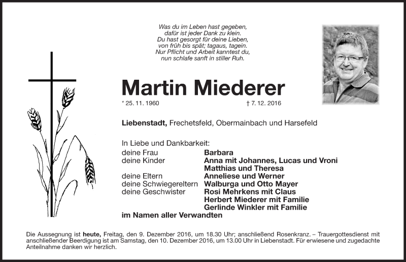  Traueranzeige für Martin Miederer vom 09.12.2016 aus Roth-Hilpoltsteiner Volkszeitung Lokal