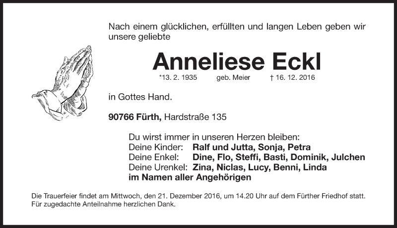  Traueranzeige für Anneliese Eckl vom 19.12.2016 aus Fürther Nachrichten Lokal