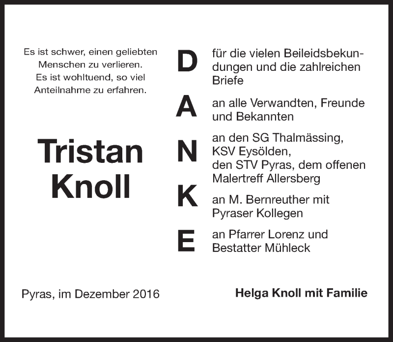  Traueranzeige für Tristan Knoll vom 17.12.2016 aus Roth-Hilpoltsteiner Volkszeitung Lokal