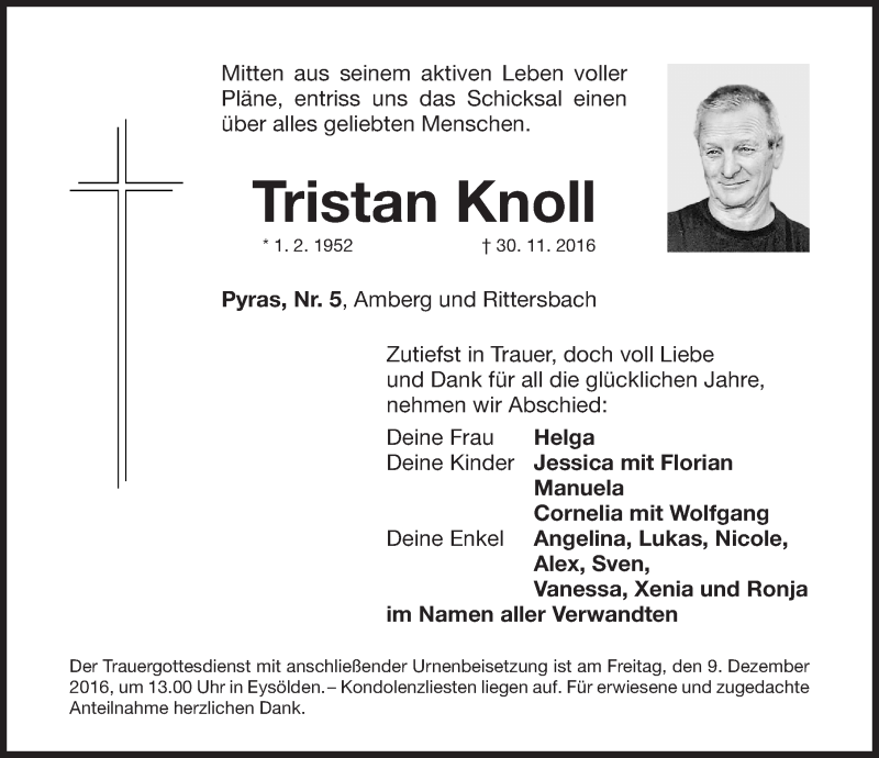  Traueranzeige für Tristan Knoll vom 07.12.2016 aus Roth-Hilpoltsteiner Volkszeitung Lokal