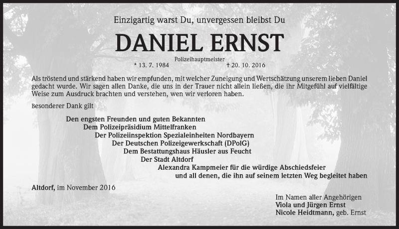  Traueranzeige für Daniel Ernst vom 10.12.2016 aus Gesamtausgabe Nürnberger Nachrichten/ Nürnberger Ztg.