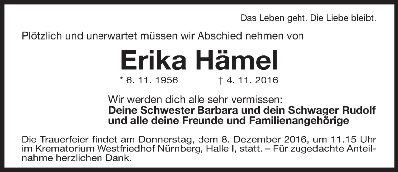  Traueranzeige für Erika Hämel vom 03.12.2016 aus Gesamtausgabe Nürnberger Nachrichten/ Nürnberger Ztg.