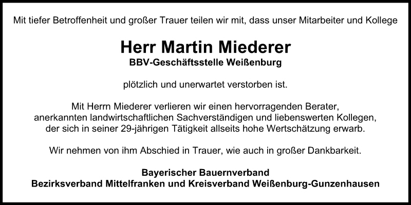  Traueranzeige für Martin Miederer vom 09.12.2016 aus Roth-Hilpoltsteiner Volkszeitung Lokal