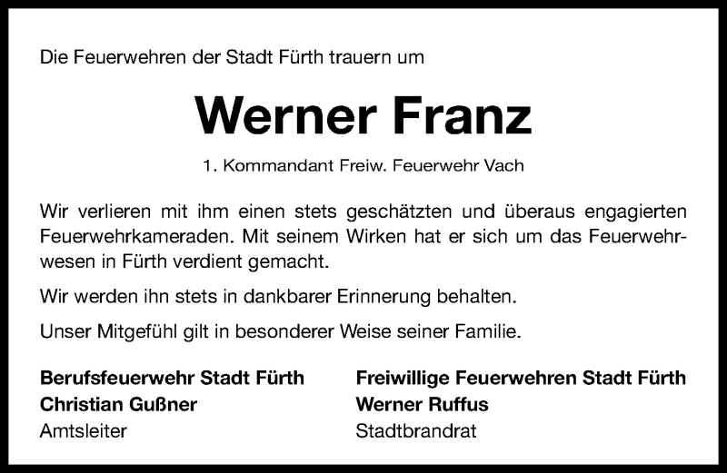  Traueranzeige für Werner Franz vom 10.02.2016 aus Fürther Nachrichten Lokal