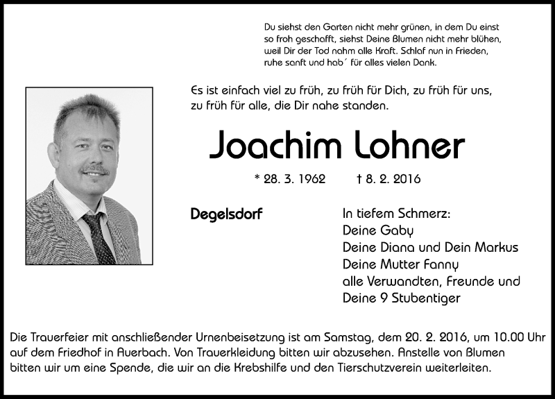  Traueranzeige für Joachim Lohner vom 16.02.2016 aus Nordbayerische Nachrichten Pegnitz Lokal