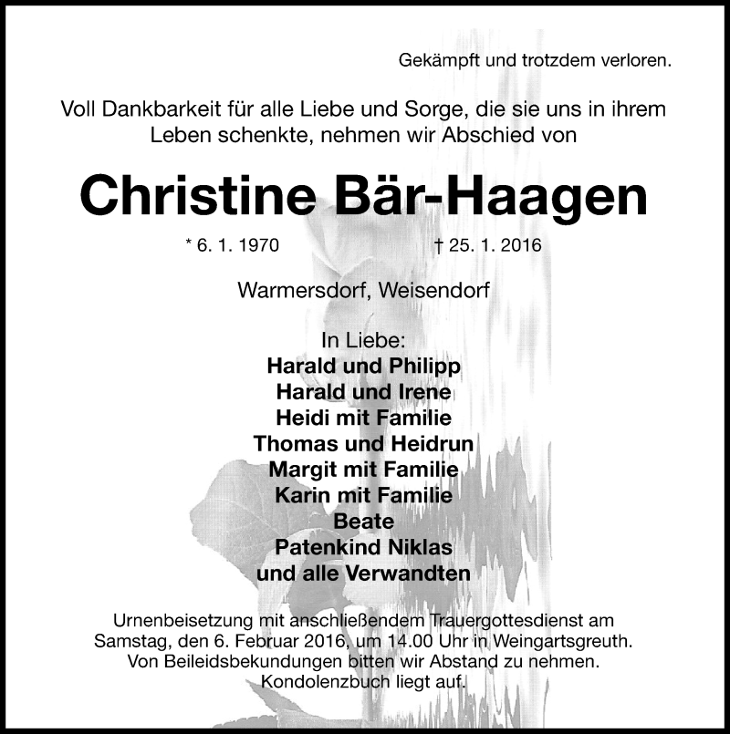  Traueranzeige für Christine Bär-Haagen vom 03.02.2016 aus Nordbayerische Nachrichten Herzogenaurach Lokal