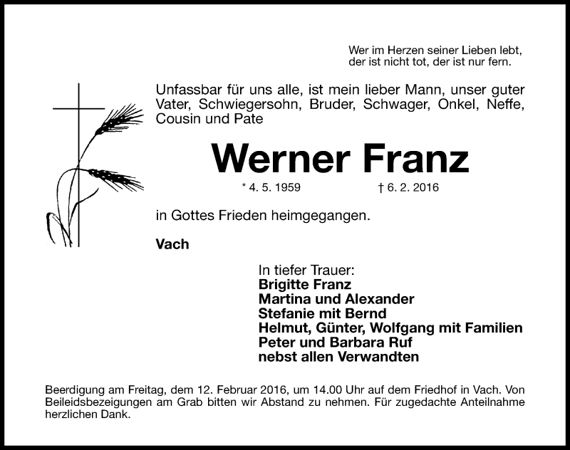  Traueranzeige für Werner Franz vom 08.02.2016 aus Fürther Nachrichten Lokal