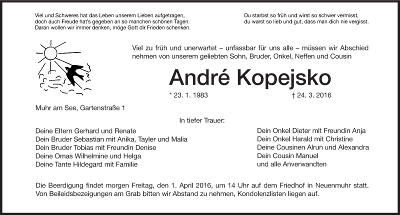  Traueranzeige für Andre Kopejsko vom 31.03.2016 aus Altmühl-Bote Lokal