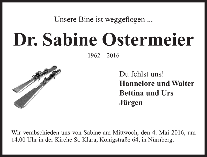  Traueranzeige für Sabine Ostermeier vom 27.04.2016 aus Gesamtausgabe Nürnberger Nachrichten/ Nürnberger Ztg.
