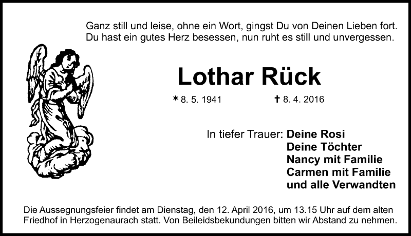  Traueranzeige für Lothar Rück vom 09.04.2016 aus Nordbayerische Nachrichten Herzogenaurach Lokal