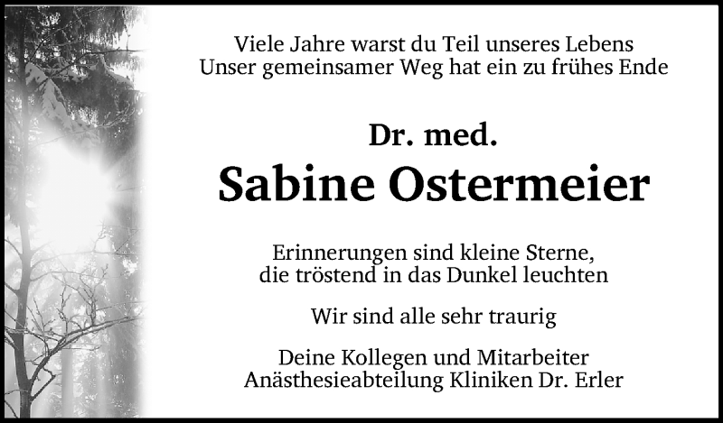  Traueranzeige für Sabine Ostermeier vom 27.04.2016 aus Gesamtausgabe Nürnberger Nachrichten/ Nürnberger Ztg.