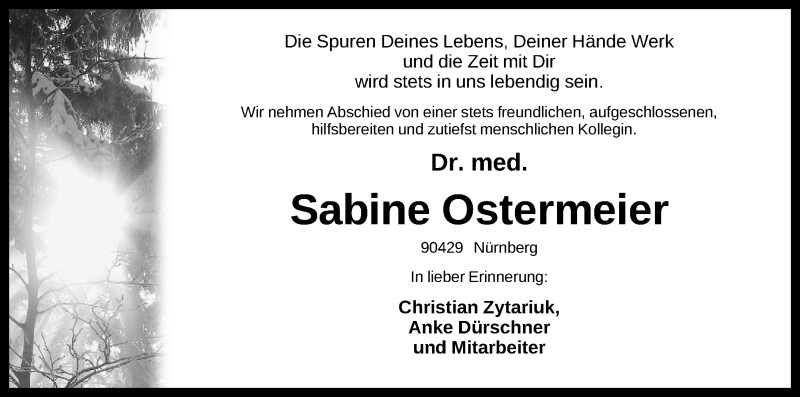  Traueranzeige für Sabine Ostermeier vom 23.04.2016 aus Gesamtausgabe Nürnberger Nachrichten/ Nürnberger Ztg.