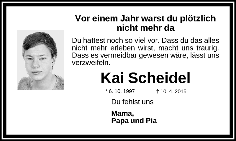  Traueranzeige für Kai Scheidel vom 09.04.2016 aus Gesamtausgabe Nürnberger Nachrichten/ Nürnberger Ztg.