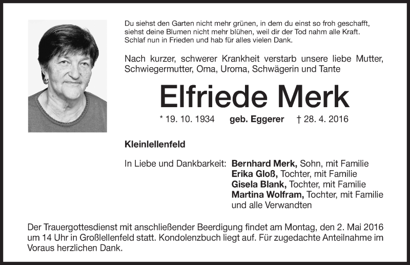  Traueranzeige für Elfriede Merk vom 30.04.2016 aus Altmühl-Bote Lokal