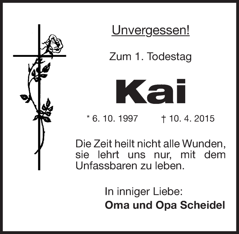  Traueranzeige für Kai Scheidel vom 09.04.2016 aus Gesamtausgabe Nürnberger Nachrichten/ Nürnberger Ztg.