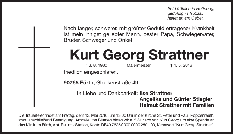  Traueranzeige für Kurt Georg Strattner vom 10.05.2016 aus Gesamtausgabe Nürnberger Nachrichten/ Nürnberger Ztg.