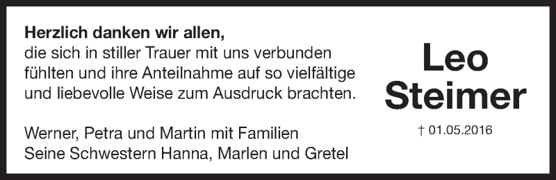  Traueranzeige für Leo Steimer vom 26.05.2016 aus Gesamtausgabe Nürnberger Nachrichten/ Nürnberger Ztg.