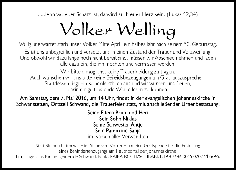  Traueranzeige für Volker Welling vom 03.05.2016 aus Schwabacher Tagblatt