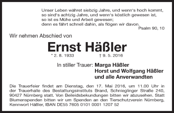 Traueranzeige von Ernst Häßler von Gesamtausgabe Nürnberger Nachrichten/ Nürnberger Ztg.