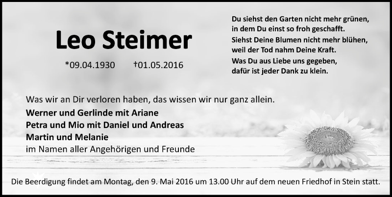  Traueranzeige für Leo Steimer vom 05.05.2016 aus Gesamtausgabe Nürnberger Nachrichten/ Nürnberger Ztg.