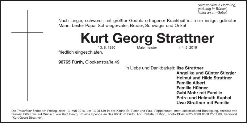  Traueranzeige für Kurt Georg Strattner vom 10.05.2016 aus Fürther Nachrichten Lokal