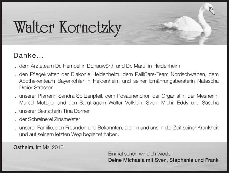  Traueranzeige für Walter Kornetzky vom 21.05.2016 aus Altmühl-Bote Lokal