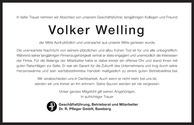  Traueranzeige für Volker Welling vom 04.05.2016 aus Gesamtausgabe Nürnberger Nachrichten/ Nürnberger Ztg.
