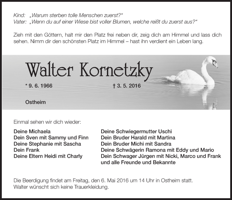  Traueranzeige für Walter Kornetzky vom 05.05.2016 aus Altmühl-Bote Lokal