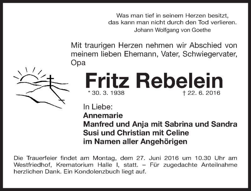  Traueranzeige für Fritz Rebelein vom 25.06.2016 aus Gesamtausgabe Nürnberger Nachrichten/ Nürnberger Ztg.