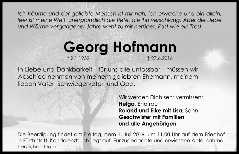  Traueranzeige für Georg Hofmann vom 30.06.2016 aus Fürther Nachrichten Lokal