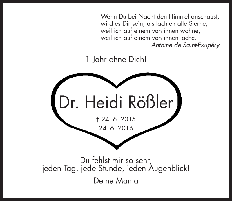  Traueranzeige für Heidi Rößler vom 24.06.2016 aus Gesamtausgabe Nürnberger Nachrichten/ Nürnberger Ztg.