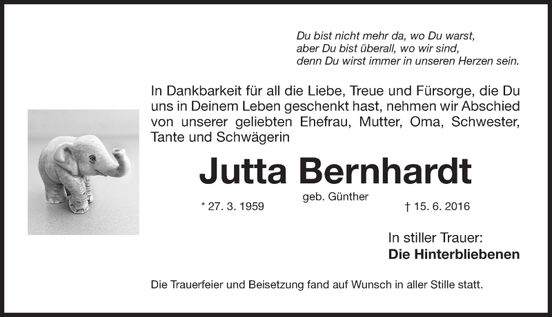  Traueranzeige für Jutta Bernhardt vom 25.06.2016 aus Gesamtausgabe Nürnberger Nachrichten/ Nürnberger Ztg.