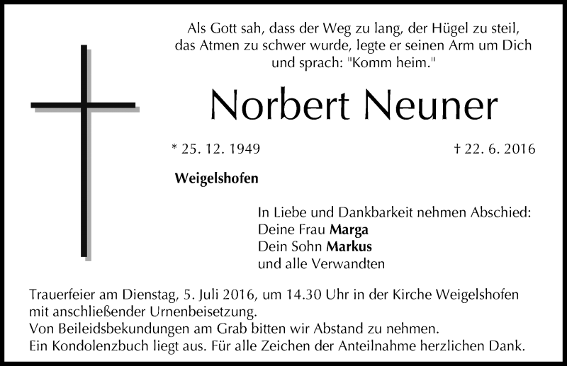  Traueranzeige für Norbert Neuner vom 29.06.2016 aus Nordbayer. Nachrichten Forchheim/ Nordbayer. Nachrichten Herzogenaurach