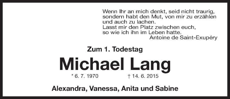  Traueranzeige für Michael Lang vom 14.06.2016 aus Erlanger Nachrichten Lokal
