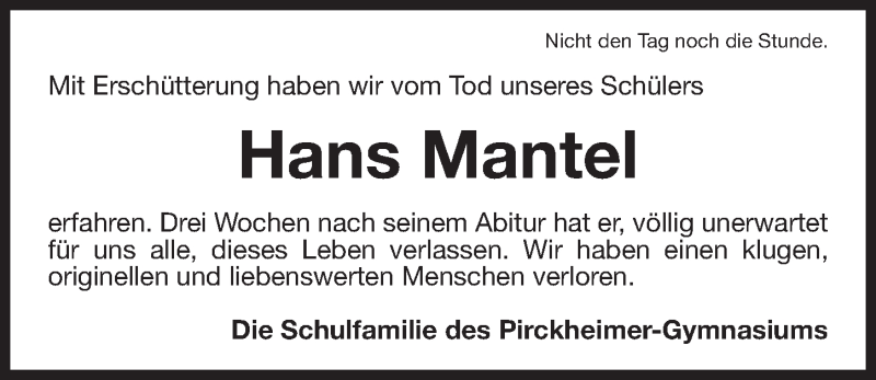  Traueranzeige für Hans Mantel vom 21.07.2016 aus Gesamtausgabe Nürnberger Nachrichten/ Nürnberger Ztg.